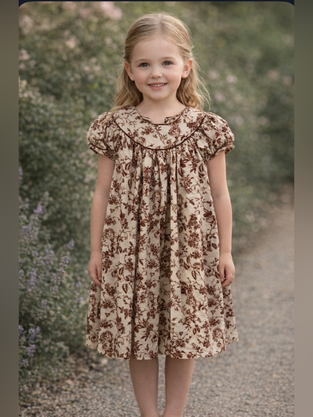Kelly's Kids Brown Cream Floral Toile Bishop Dress Size 5/6